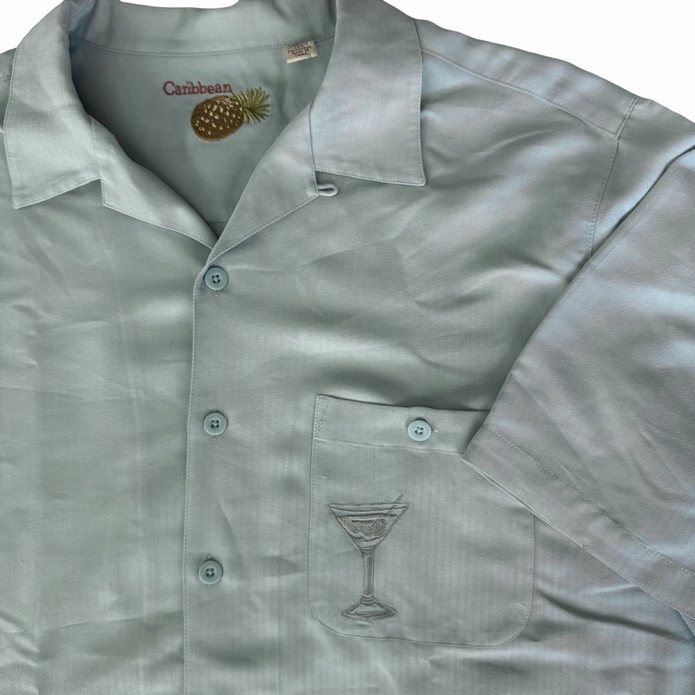 Teal Caribbean Cocktails Button Up Shirt Large• SS Hawaiian Vacation Cruise Tiki